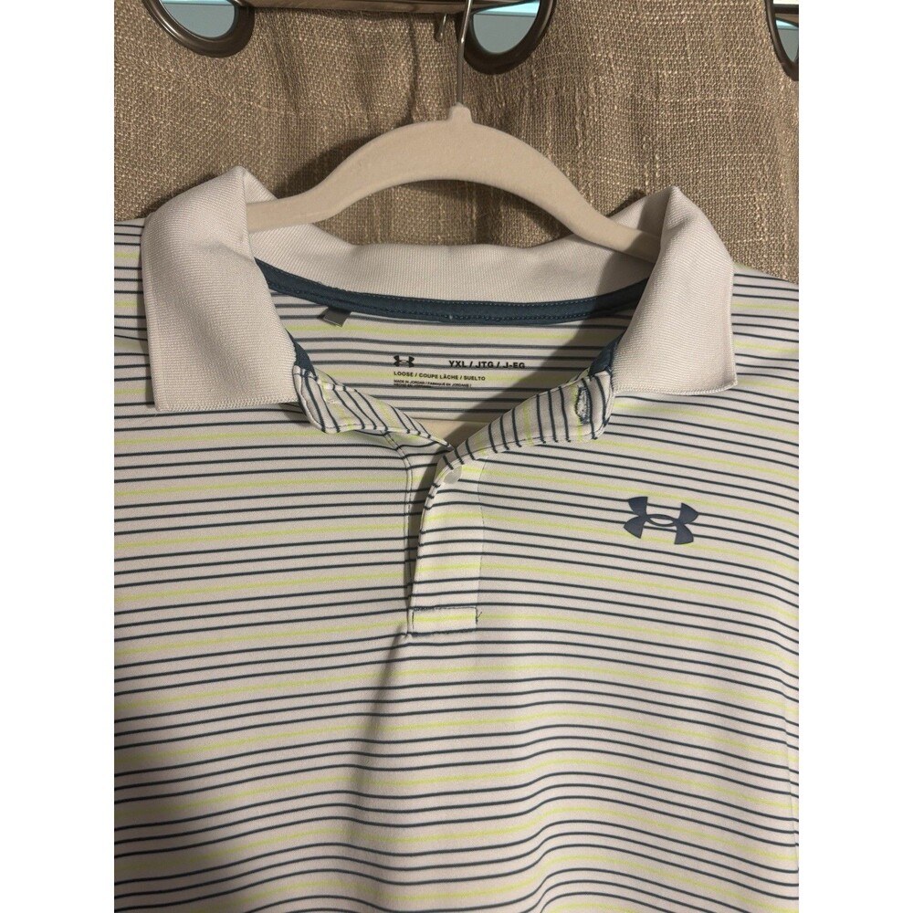 Under Armour Men’s Loose Fit Polo Shirt YXL Striped White Blue Green Logo